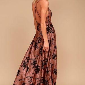 Lulu's Rose Gold and Black Floral Satin Backless Maxi Dress